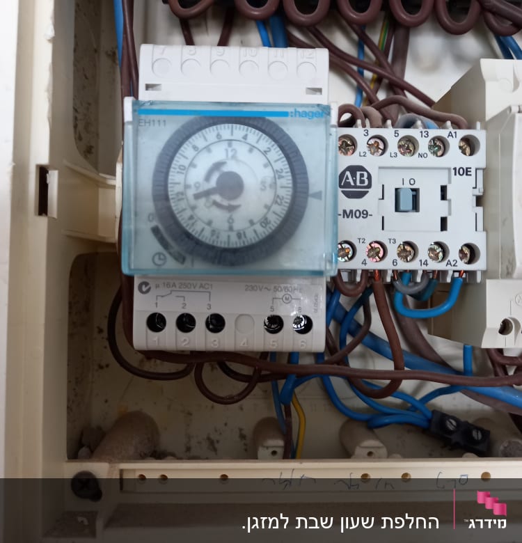 שעון טיימר חשמלי וחוטי חשמל בלוח חשמל